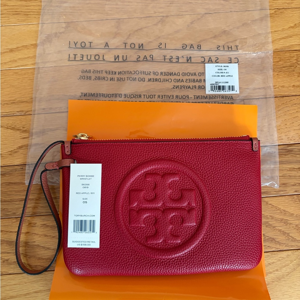 Tory Burch Red Pebbled Leather Wristlet with Logo Medallion